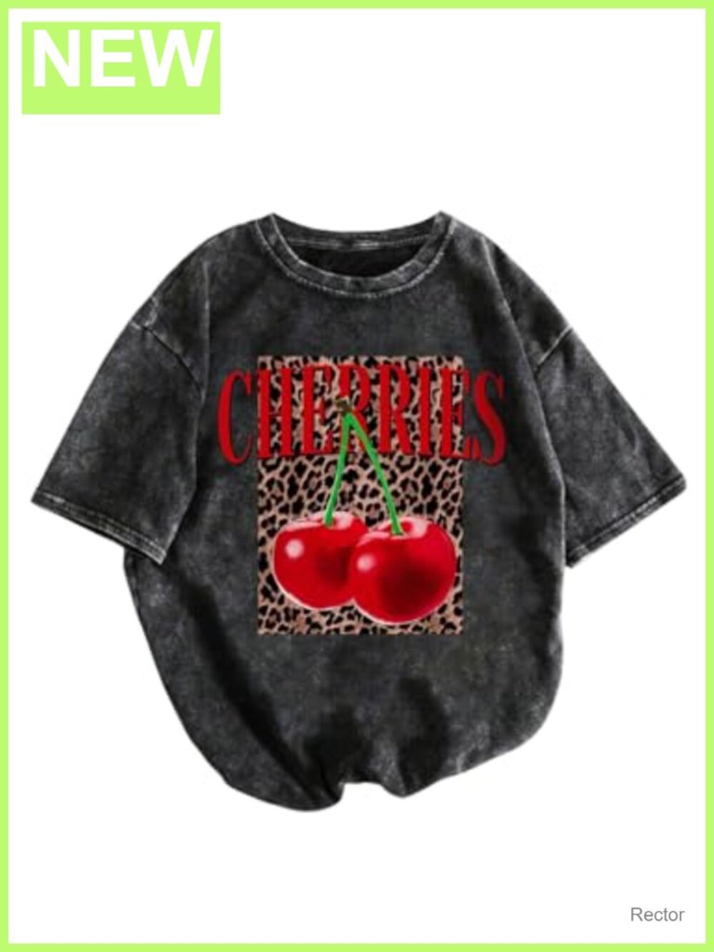 SHENHE Washed Short Sleeve Cherry Leopard Graphic Vintage Crew Neck Tee